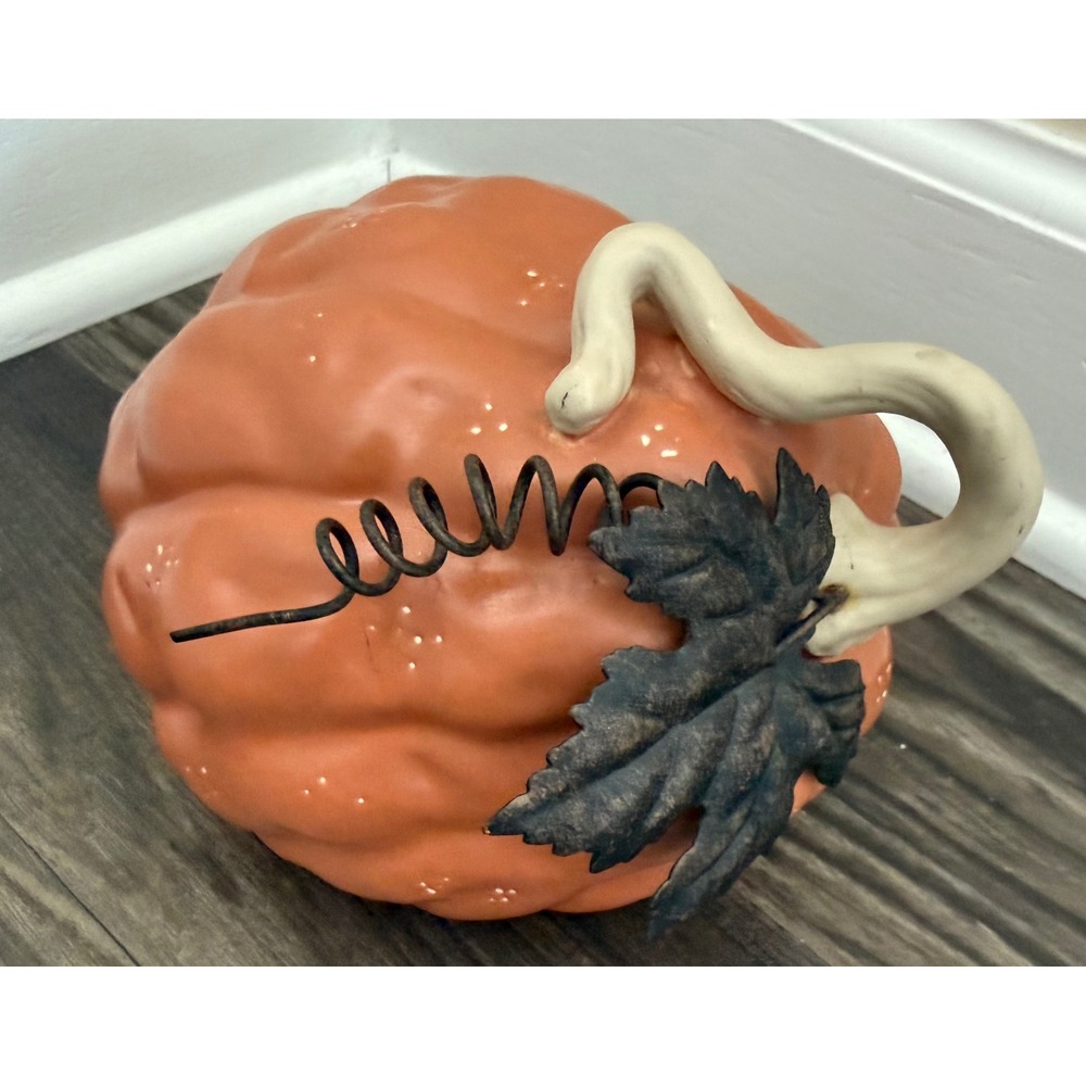 Vintage Ceramic Orange Pumpkin Figurine Autumn Harvest Decor Metal Leaf Stem 7x8